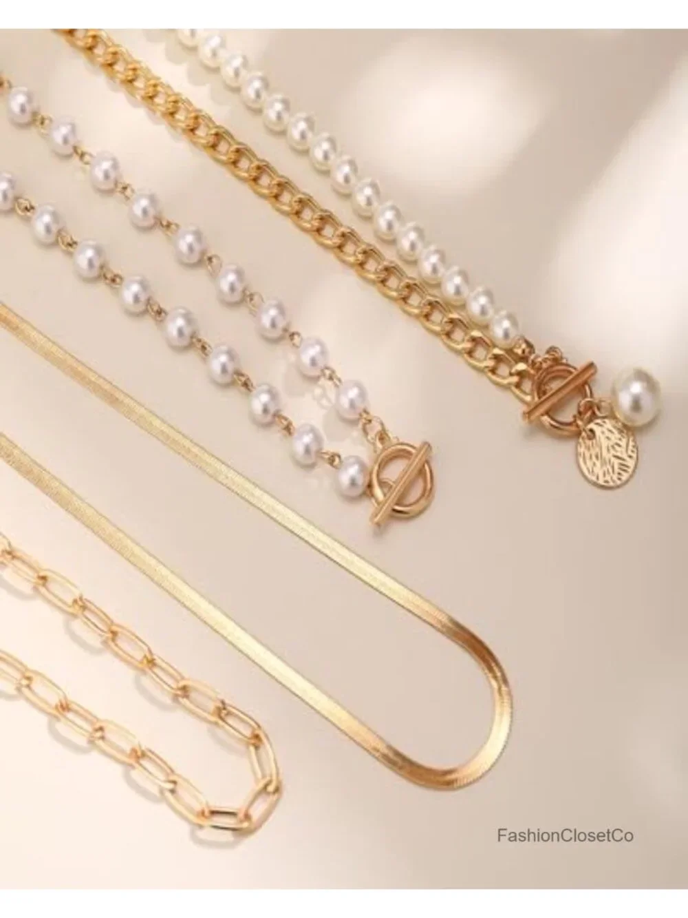Chunky Layered Gold Necklace Set with Pearl, Paperclip, Herringbone, Toggle